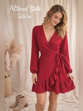 Altar'd State Red Long-Sleeve Wrap Dress with Ruffle Hem
